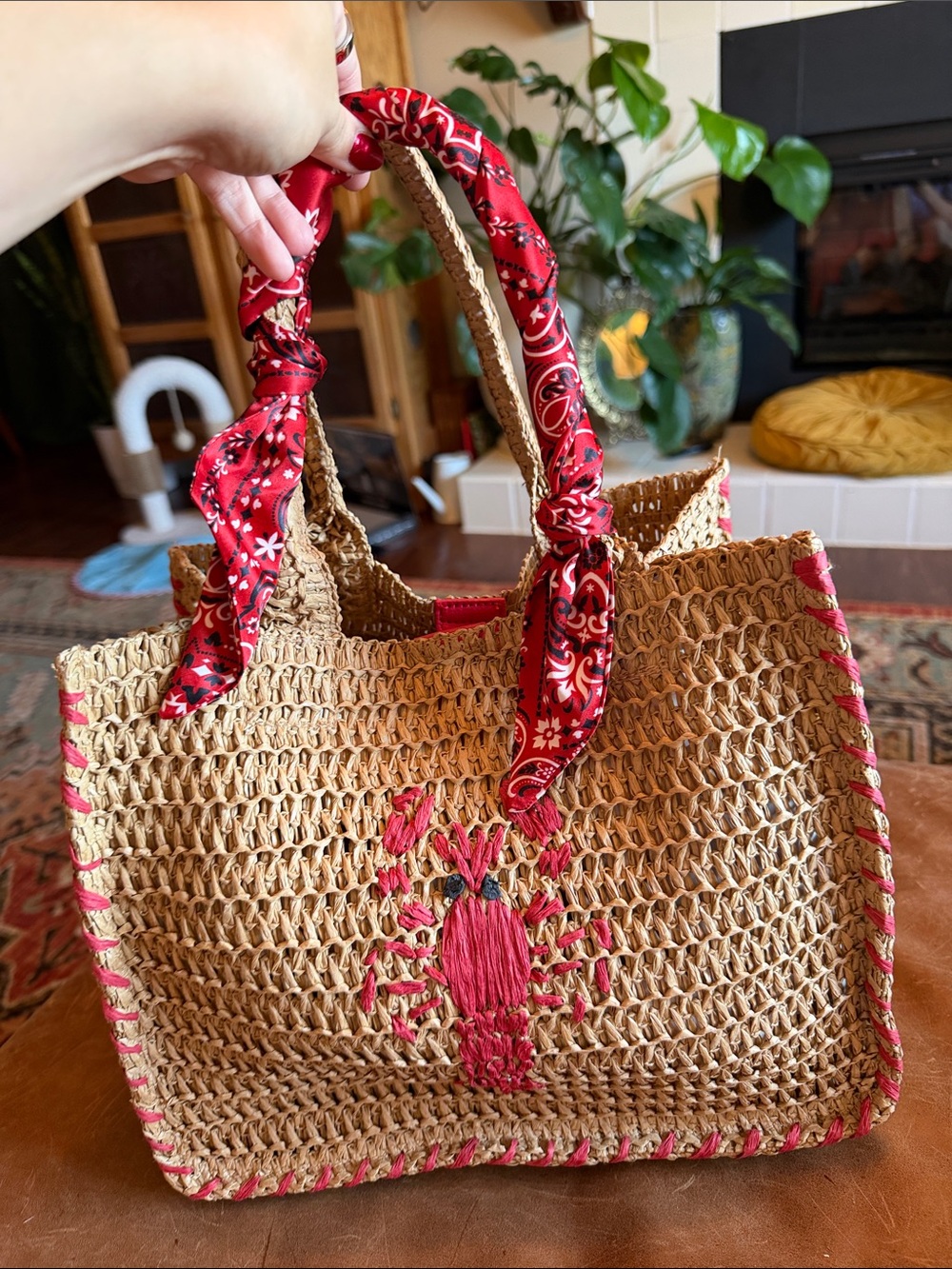 Target Straw Crochet Tote with Pink Embroidered Lobster and Red Scarf Handles